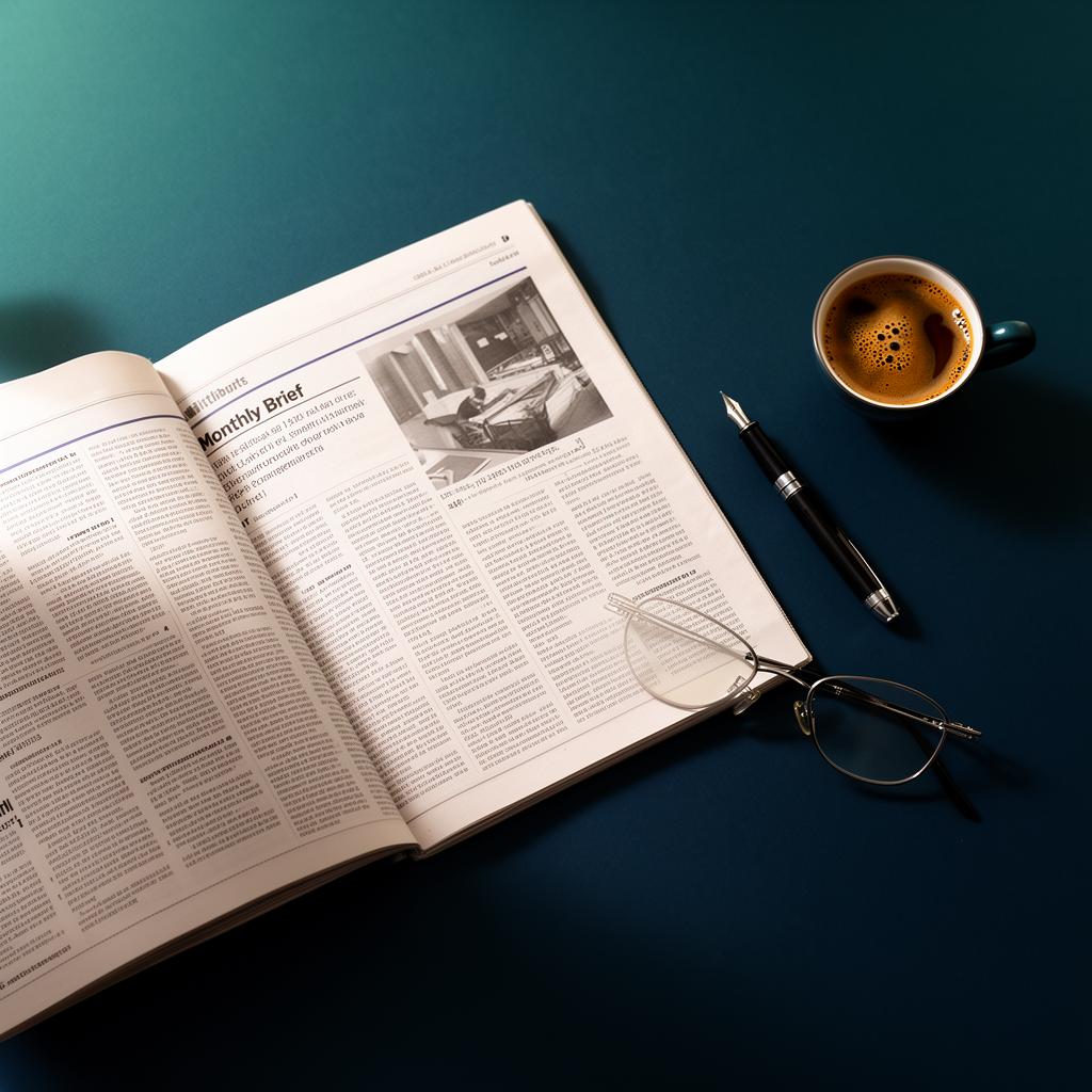 Editorial monthly brief on a dark teal desk