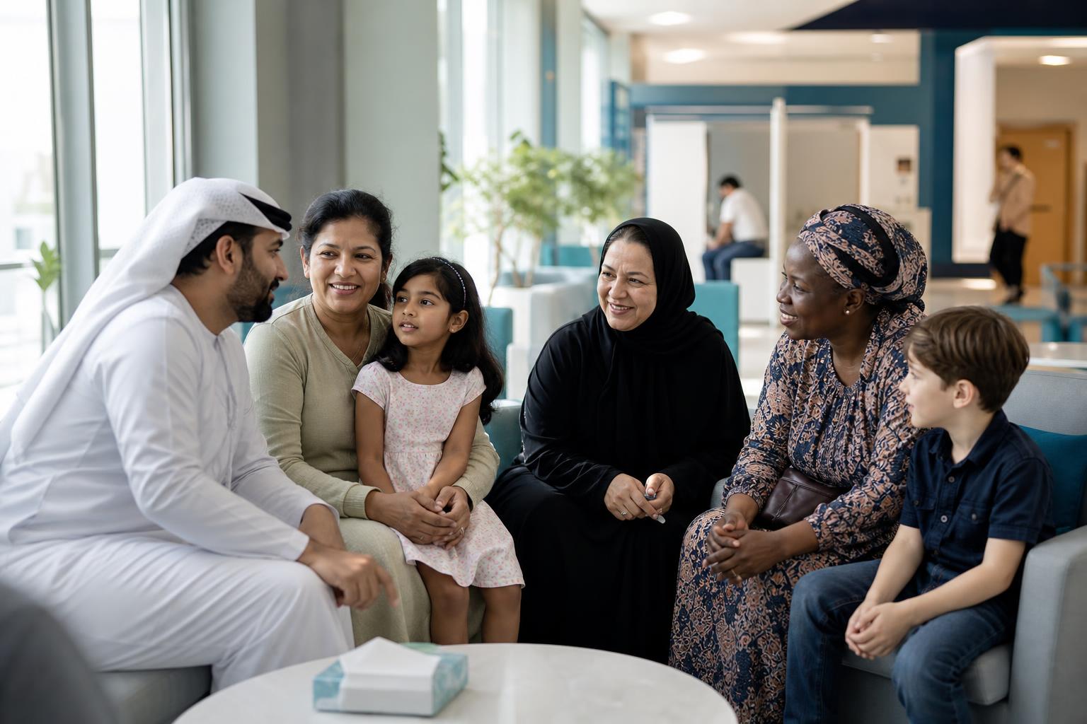 Diverse families talking in a modern hospital lobby