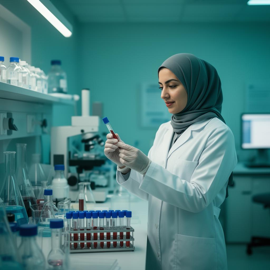 Clinician reviewing patient information in a teal-lit lab
